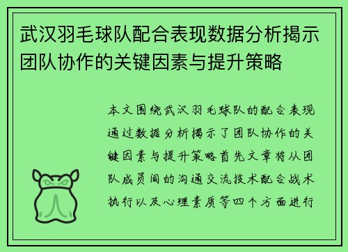武汉羽毛球队配合表现数据分析揭示团队协作的关键因素与提升策略