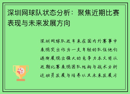 深圳网球队状态分析：聚焦近期比赛表现与未来发展方向