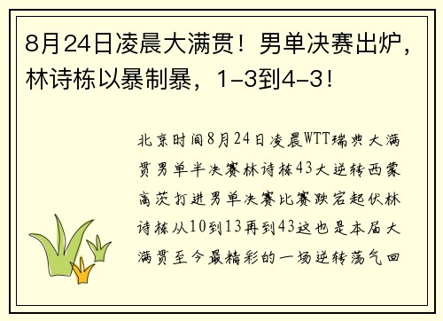 8月24日凌晨大满贯！男单决赛出炉，林诗栋以暴制暴，1-3到4-3！